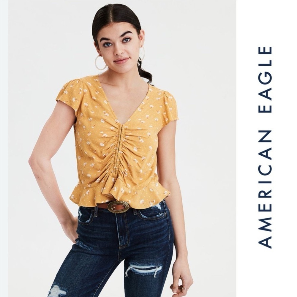 American Eagle Mustard Blouse, Size M, MSRP $35